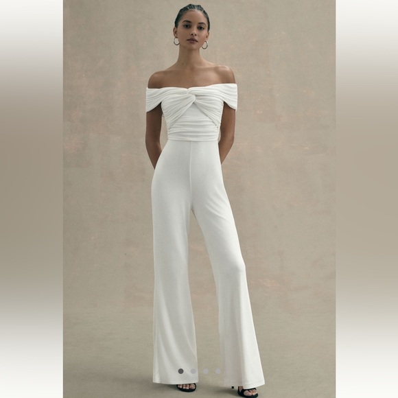 MISHA COLLECTION Pants - Misha Aisla Off-the-shoulder Twist-front Jumpsuit in Ivory, Size Large